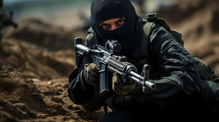 A soldier with a weapon in an ambush. Portrait of a soldier in military equipment with his face covered