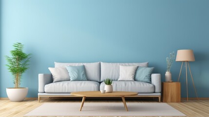 A living room with a blue wall and a white rug