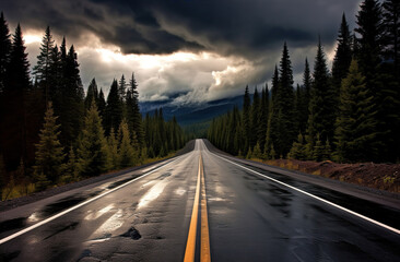 Fototapeta premium Landscape with empty road through woods. Travel. Created with Generative AI