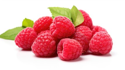 A pile of raspberries with leaves on a white surface