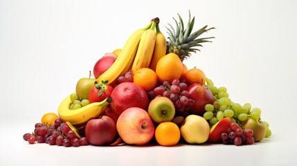 Fototapeta na wymiar A pile of assorted fruit including bananas, apples, oranges, and grapes