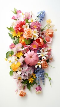 A bunch of flowers are arranged on a white surface
