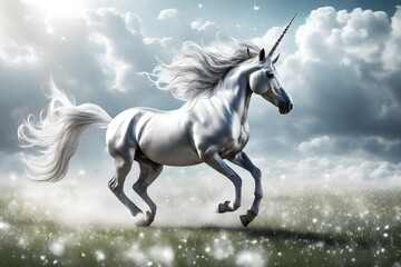 a silver unicorn galloping in a magical meadow background.