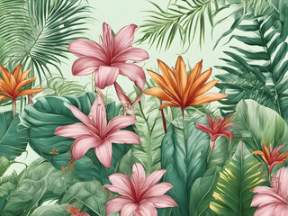 Exquisite Tropical Botanical Illustration of Palm Tree and Flowers. generative AI