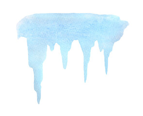 Icicle. Watercolor illustration of blue icicles isolated on a white background, hand-drawn. An element for design and decoration. Frozen dripping water. The texture of watercolor on paper.