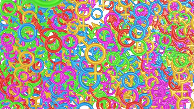 Background from lots of symbols of gender. Seamless cyclic animated 4K background from symbols of gender against a white background. 4K seamless looping videos