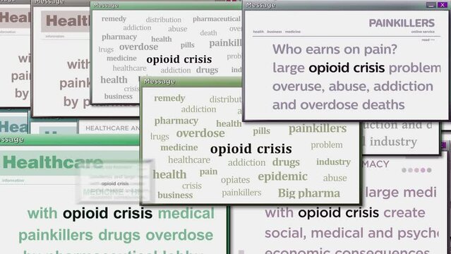 Opioid crisis opiates epidemic and painkiller abuse pop up windows on computer screen. Abstract concept of news titles across media. Seamless and looped display.