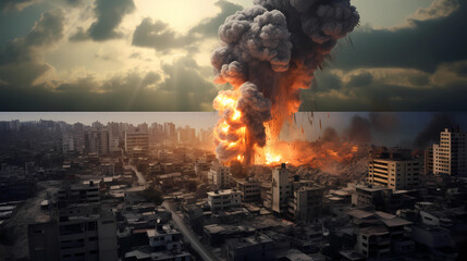 Illustration war, explosions in the city, top view. A huge column of smoke above the houses. Destroyed buildings, war, conflict - obrazy, fototapety, plakaty