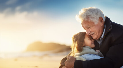 A grandfather and his granddaughter reunite and embrace each other in an emotional hug, sharing moments of tenderness on the beach one autumn afternoon, intergenerational love.copy space - obrazy, fototapety, plakaty
