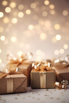 Golden wrapped presents composition on sparkling background. 