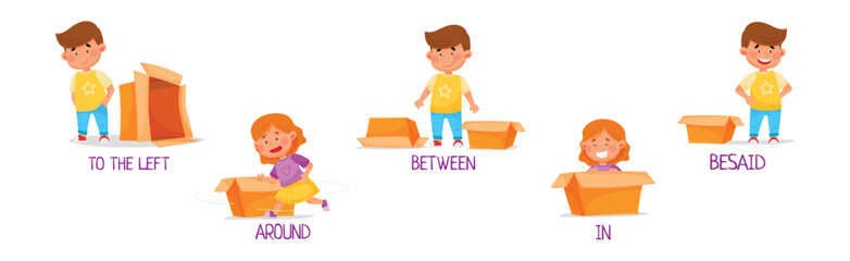 Little Girl and Boy with Carton Box as Prepositions of Place Demonstration Vector Set