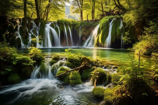 Clear water cascading down beautiful waterfalls in Plitvice National Park, Croatia. Generative AI
