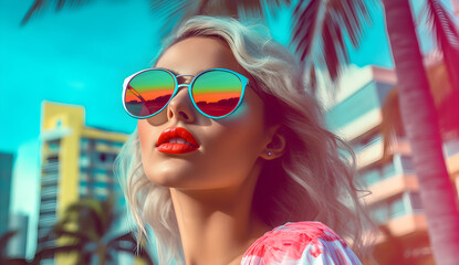 Woman in colorful sunglasses, summer retro fashion. Model with city palm, sun and blue sky in background, in the style of miami beach. Fashwave with vibrant colors. - obrazy, fototapety, plakaty