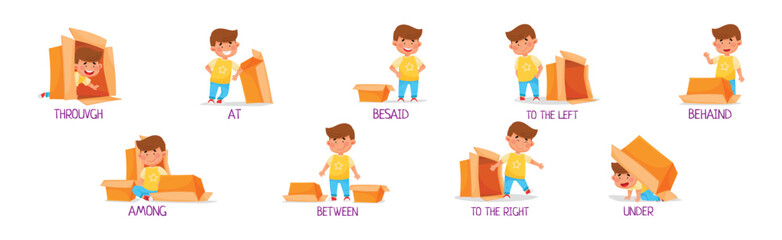 Little Boy with Carton Box as Prepositions of Place Demonstration Vector Set