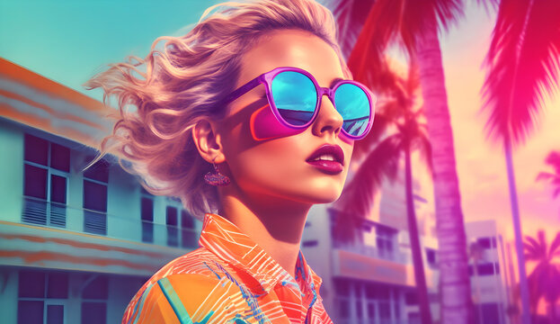 Woman in colorful sunglasses, summer retro fashion. Model with city palm, sun and blue sky in background, in the style of miami beach. Fashwave with vibrant colors.