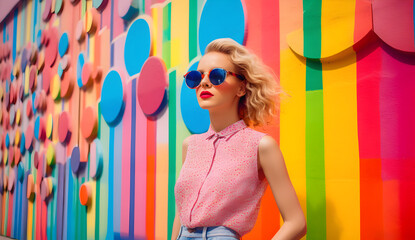 Woman in colorful sunglasses on a geometric colorful wall background. Summer retro fashion model. Street fashwave.