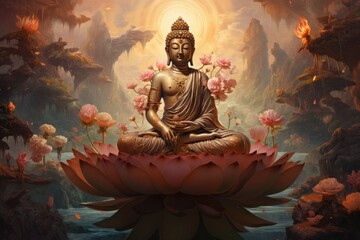 Vibrant Buddha lotus position art. Asian zen. Generate Ai