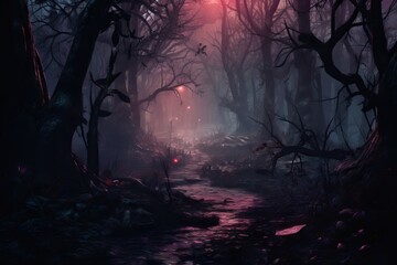 As twilight descends, an eerie and mystical Gothic valley emerges, its shadowy corners casting an aura of enigma and intrigue.  - obrazy, fototapety, plakaty