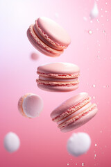 Obraz premium Different types of macaroons in motion falling on a pink background