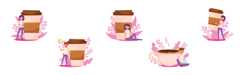 People Coffee Lovers with Huge Cup Enjoying Hot Drink Vector Set