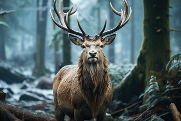 Majestic deer with expansive antlers stands regally in a foggy forest
