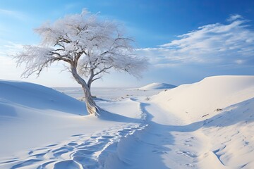 A frost-coated tree stands amidst undulating snow-covered sandy dunes under a blue sky