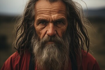Intense gaze of an elderly man, with windswept hair and a rugged beard, symbolizing years of wisdom and exploration