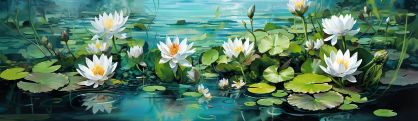 Foto op Canvas White Water Lilies On The Surface Of The Lake. Illustration On The Theme Of Nature And Climate, Vegetation And Ecology. Generative AI © MICHAEL KUK