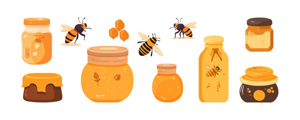 Bees and honey set flat cartoon isolated on white background. Vector isolated illustration - obrazy, fototapety, plakaty
