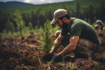 Naklejka na ściany i meble Man planting a tree in the middle of a forest