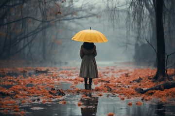 Woman walking during autumn rain