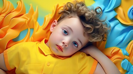 Fototapeta na wymiar a young child laying on a yellow and blue background wearing a yellow shirt. generative ai