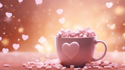 pink cup with hot chocolate and mini marshmallows, heart bokeh - obrazy, fototapety, plakaty