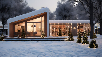 Small modern house decorated outside with christmas decorations and garland lights in winter. Merry...