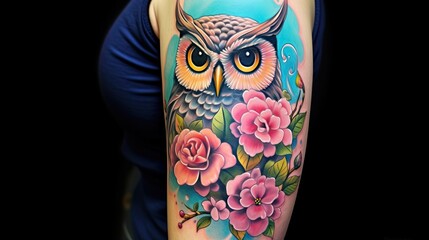  a woman with a colorful owl and flowers tattoo on her arm.  generative ai