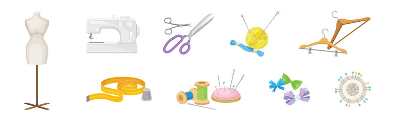 Different Sewing Tools and Equipment for Dressmaking Vector Set
