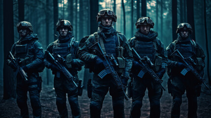 Fototapeta premium Group of young soldiers in military uniform standing in a forest.generative ai