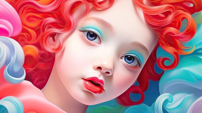  a painting of a girl with red hair and blue eyes.  generative ai