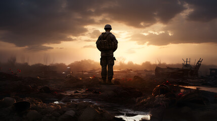 Soldier's silhouette honoring memorial in devastated terrain