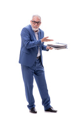 Old boss holding heavy pile isolated on white