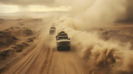 Aerial view of military convoy in desert with approaching sandstorm