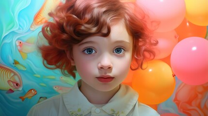 Fototapeta na wymiar a painting of a little girl with red hair and blue eyes. generative ai