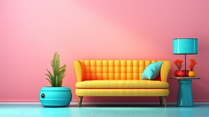  a living room with a couch, table and a potted plant.  generative ai