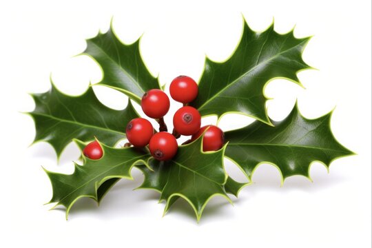 Christmas Plant: Holly Leaf with Berries. Vibrant Red and Green Nature. Spiked Leaves on White Background