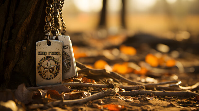 Military dog tags hanging down from a branch next to sandy ground, close-up view