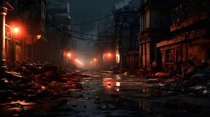 Desolate urban street bearing the marks of warfare