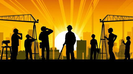 Fototapeta na wymiar Construction workers in silhouette with safety gear, flat vector,generative ai