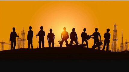 Construction workers in silhouette with safety gear, flat vector,generative ai