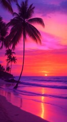 sunset on the beach, sunset over the sea, tropical sunset with trees