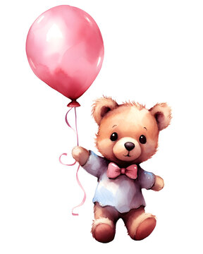 Watercolor painting of a baby teddy bear holding a pink ballon on white background 